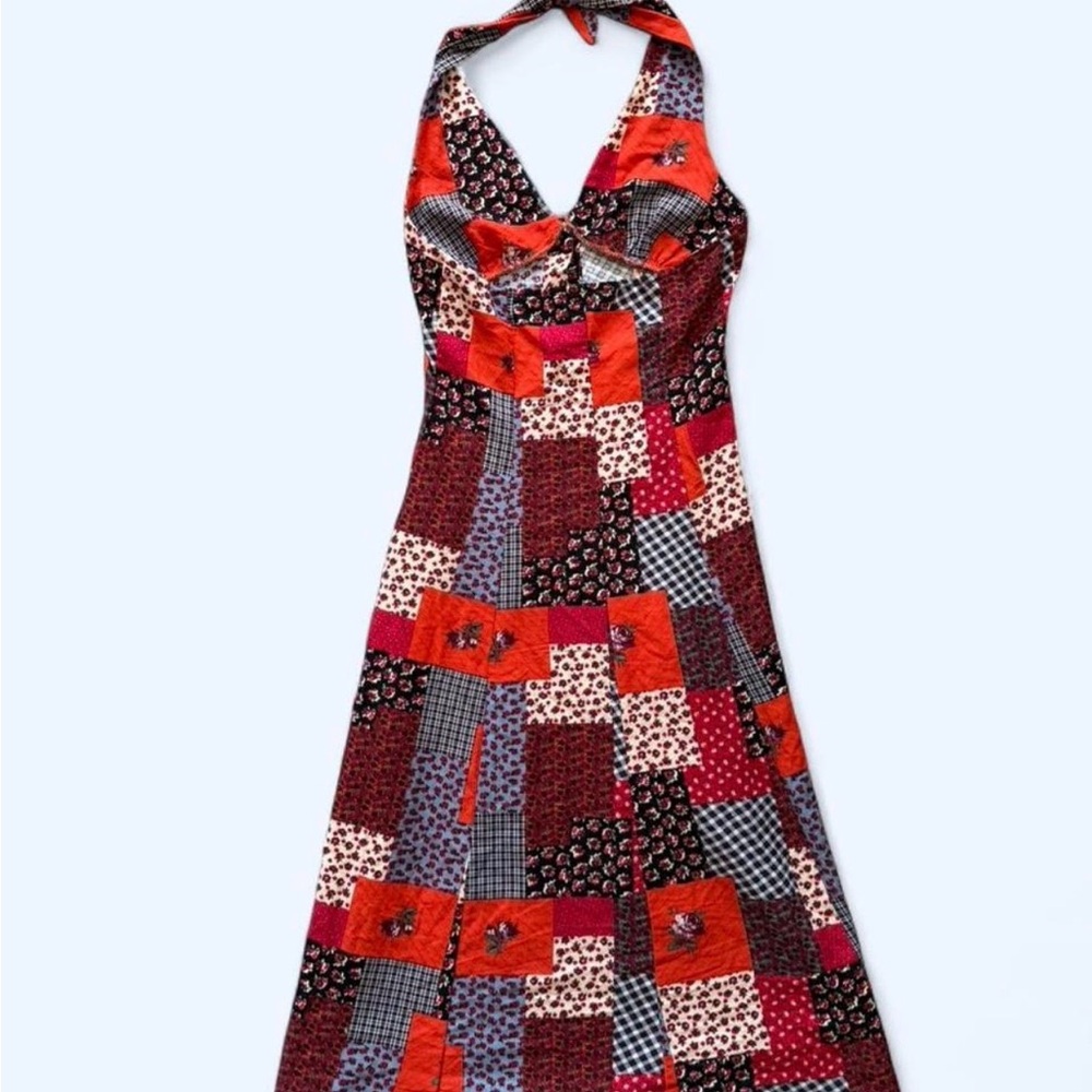Cider Patchwork Cotton Button Down Halter Midi Dr… - image 5